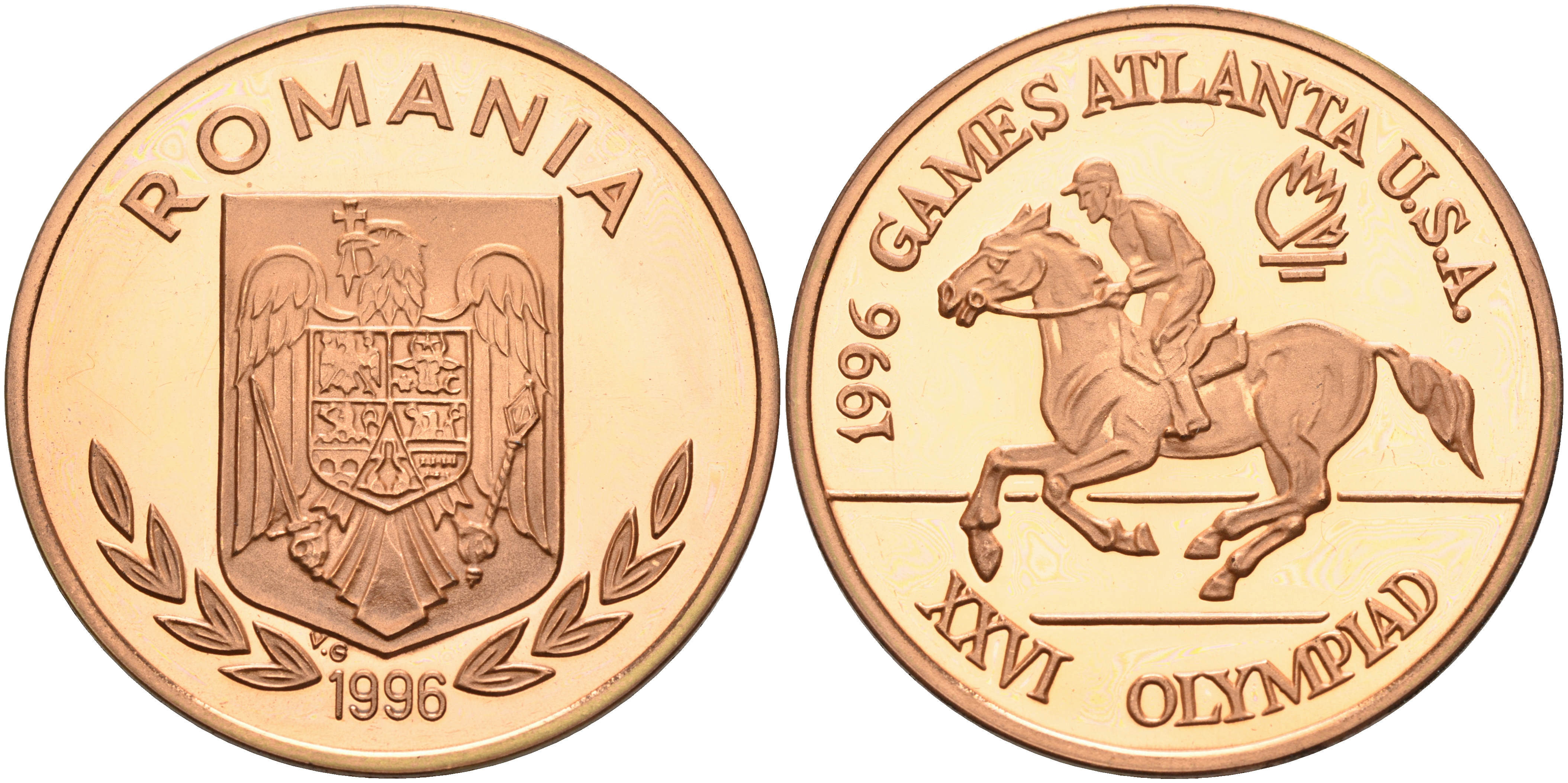 Румыния 100 леев 1996 XXVI Олимпийские игры 1996 года в Атланте, 100 лет Олимпийскому движению, скачки, пробный выпуск KM PnB 315B медь  PROOF  11-159-42