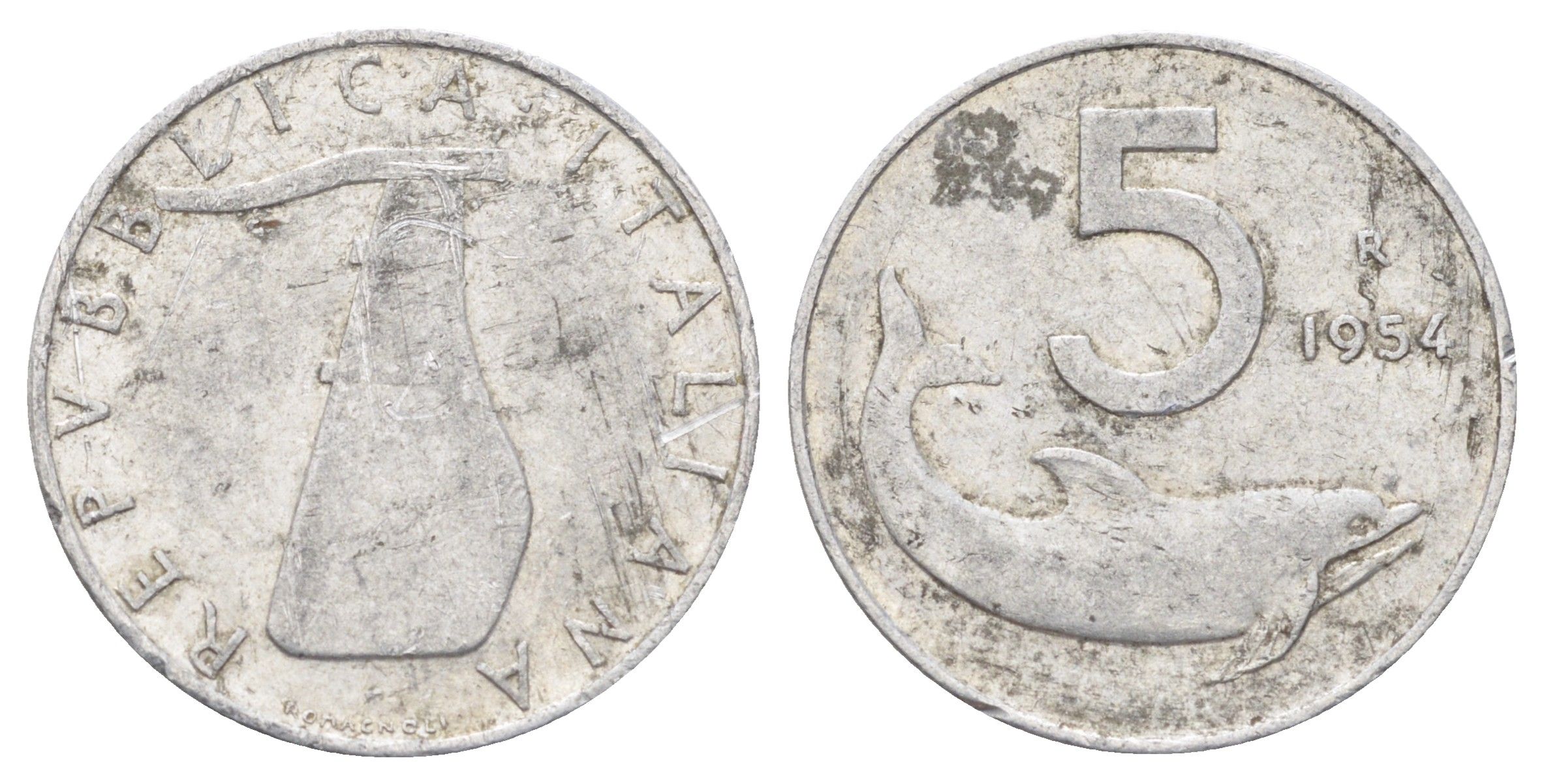Италия 5 лир 1954 R, плуг, дельфин KM 92 алюминий 4611-925