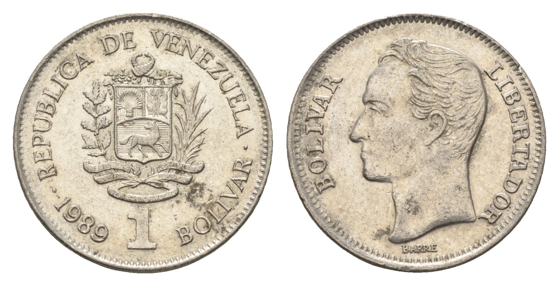Венесуэла 1 боливар 1989 Симон Боливар, толстый шрифт Y 52a.2 сталь плакированная никелем 4662-855