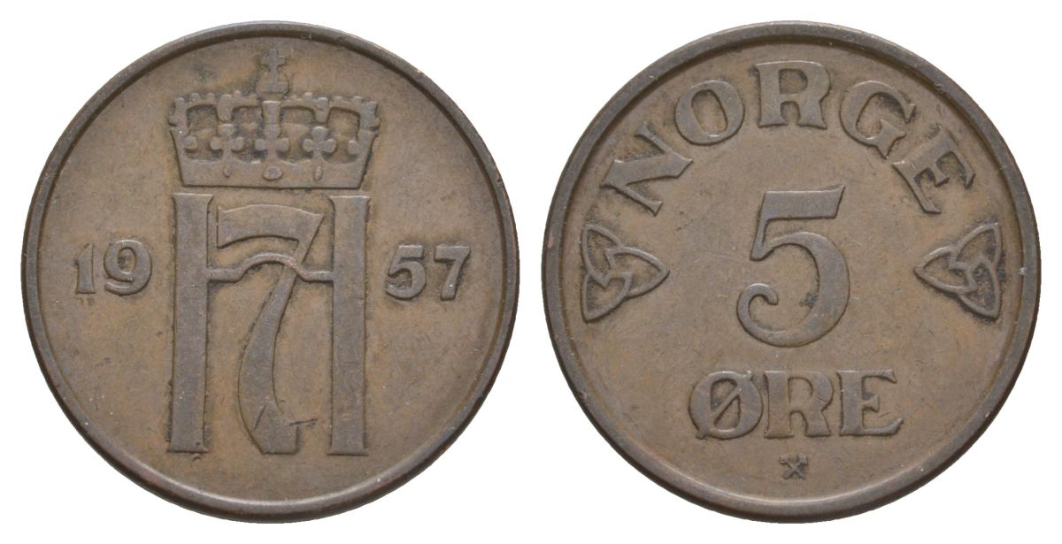 Норвегия 5 эре 1957 Хокон VII (1905-1957) KM 400 бронза 4635-551