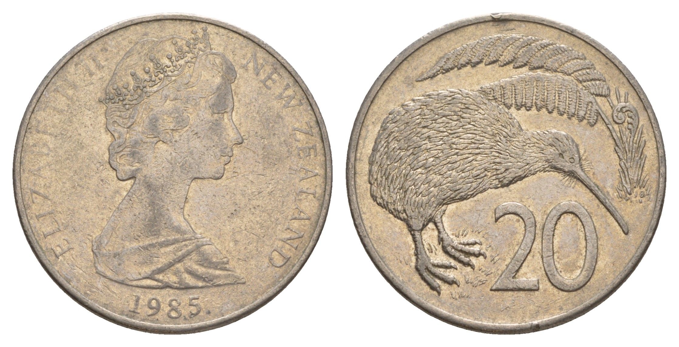 Новая Зеландия 20 центов 1985 Елизавета II (1952-2022), птичка киви KM 36.2 медно-никель 4182-1243