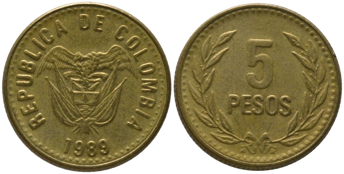 Колумбия 5 песо 1989 KM 280 алюминиевая бронза 4528-344