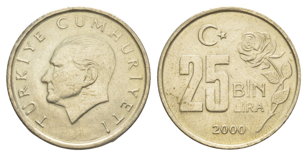 Турция 25000 лир 2000 Кемаль Ататюрк KM 1041 медь цинк никель aUNC 4633-337