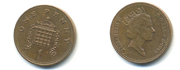 Великобритания 1 пенни 1989 Елизавета II (1952-2022) KM 935, Spink 4381 (B3) бронза 177-1128