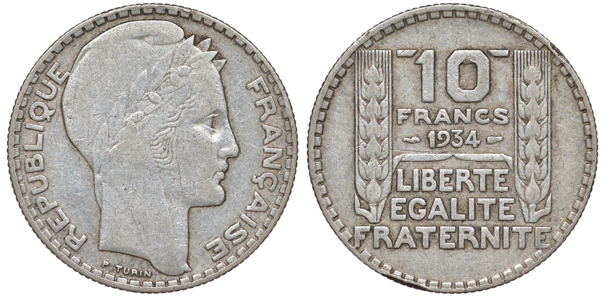 Франция 10 франков 1934 Пьер Тюрен KM 878, Le Franc 360.7 серебро 4178-942