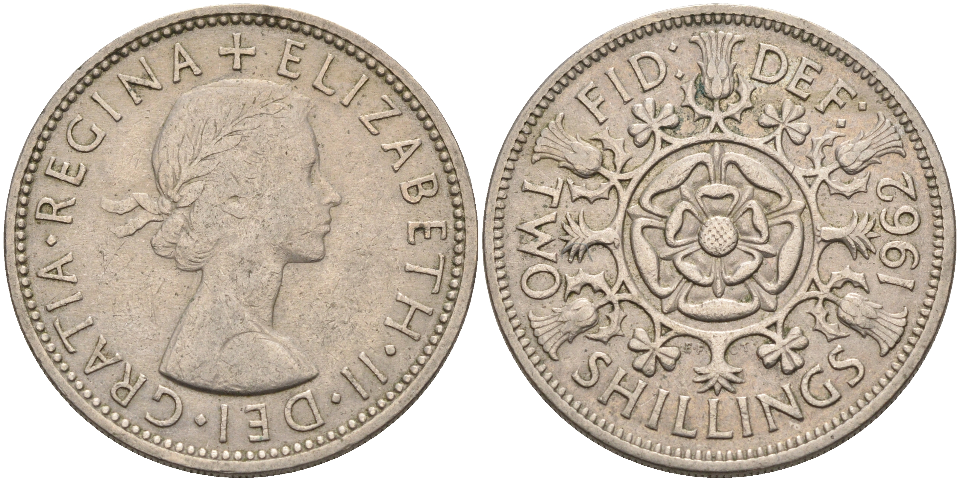 Великобритания 2 шиллинга (флорин) 1962 Елизавета II (1952-2022) KM 906, Spink 4146 медно-никель    4117-425