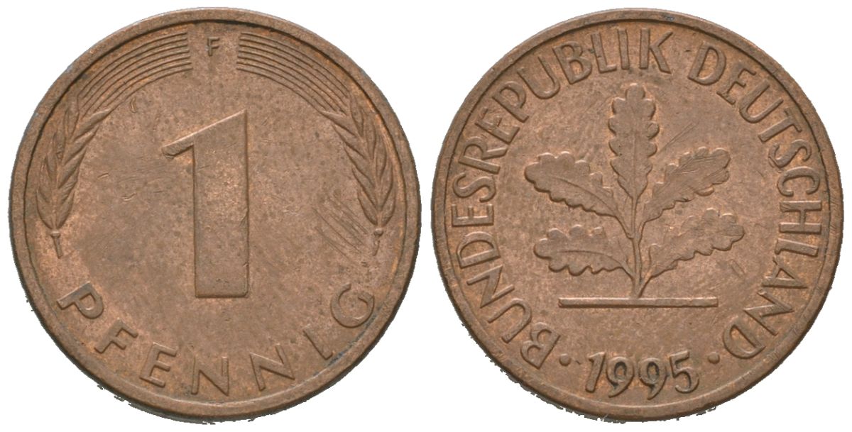 Германия 1 пфенниг 1995 F KM 105, J. 380 сталь плакированная медью 4580-659