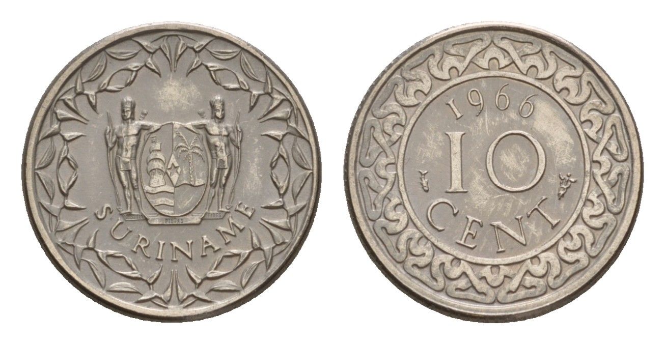 Суринам 10 центов 1966 KM 13 медно-никель 4649-963