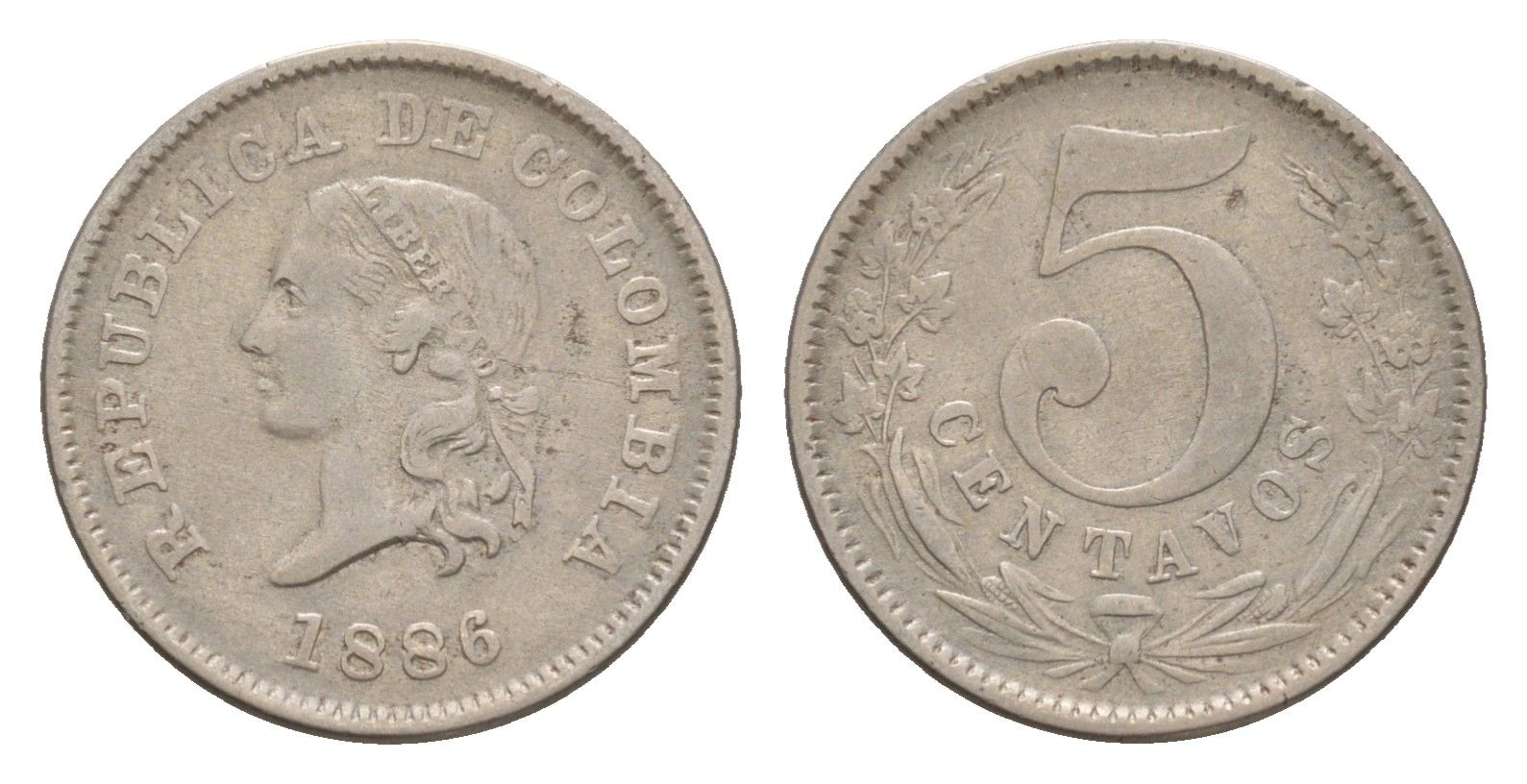 Колумбия 5 сентаво 1886 KM 183 медно-никель 4655-617