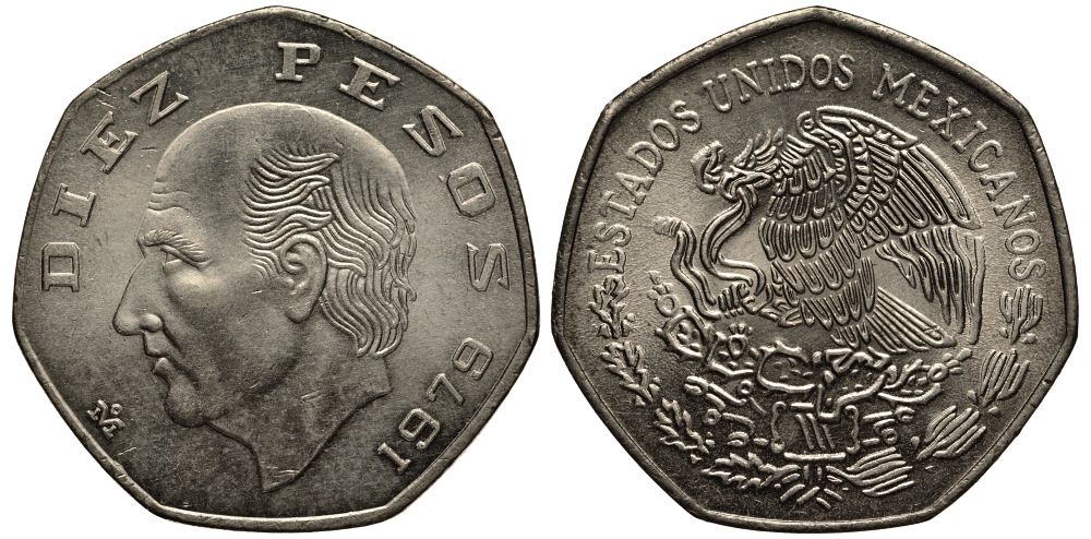 МЕКСИКА 10 ПЕСО 1979 МАНУЭЛЬ ХИДАЛЬГО КАСТИЛЬЯ KM 477.2 медно-никель XF-UNC 4394-1026