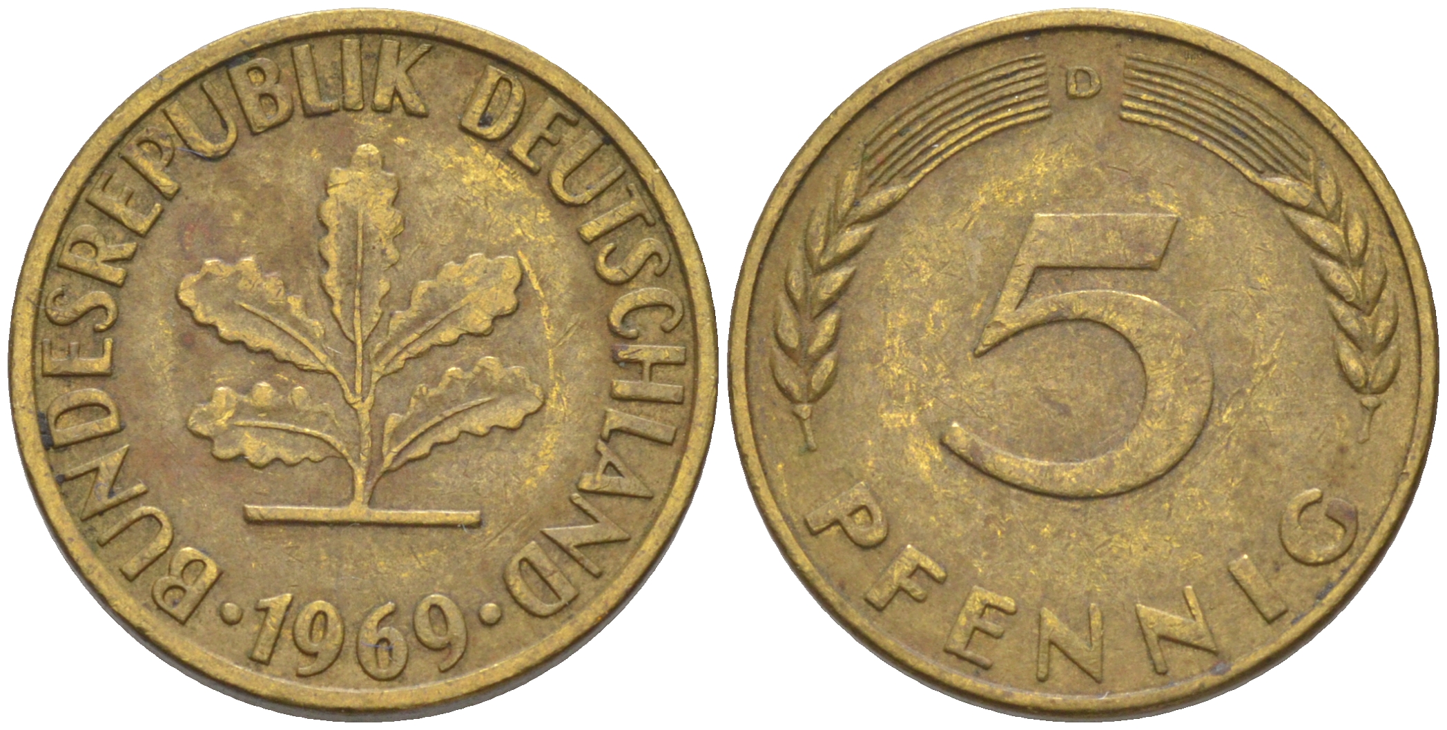 ФРГ 5 пфеннигов 1969 D KM 107, J. 382 сталь плакированная латунью 4514-522