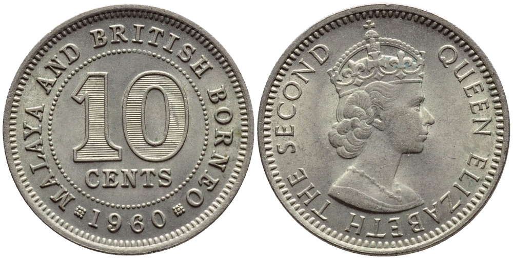 Малайя и Британское Борнео 10 центов 1960 Елизавета II (1952-2022) KM 2 медно-никель UNC 4392-1141