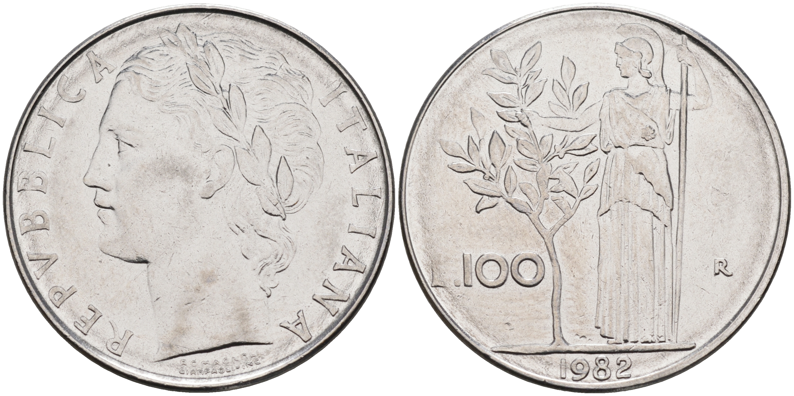 Италия 100 лир 1982 R, Афина KM 96.1 нержавеющая сталь 4117-344