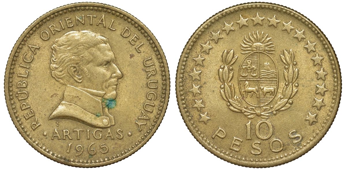 Уругвай 10 песо 1965 KM 48 алюминиевая бронза 4574-642