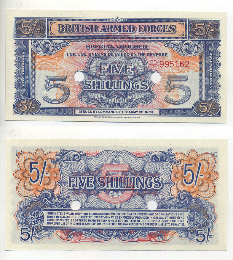 АНГЛИЯ 5 ШИЛЛИНГОВ 1961 ВАУЧЕР ДЛЯ ВООРУЖЕННЫХ СИЛ, СЕРИЯ 2, ПОГАШЕН Pick M20d бумага aUNC 6287-32-1-1
