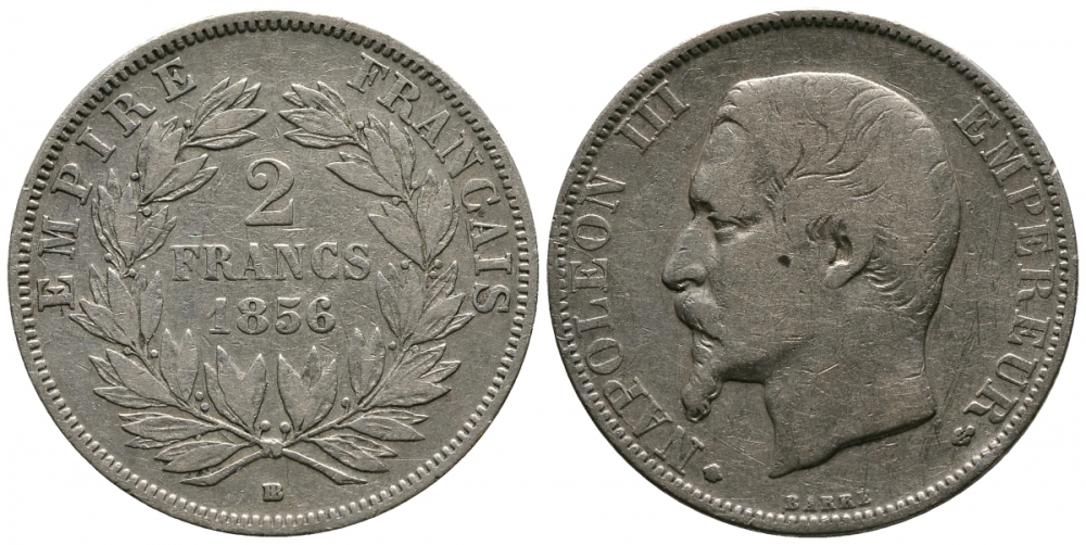Франция 2 франка 1856 ВВ, Наполеон III, редкий год KM 780.2 серебро 00-821-01