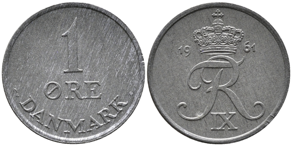 ДАНИЯ 1 ЭРЕ 1961 C; S, ФРЕДЕРИК IX (1947-1972) KM 839.2 цинк UNC 100-656