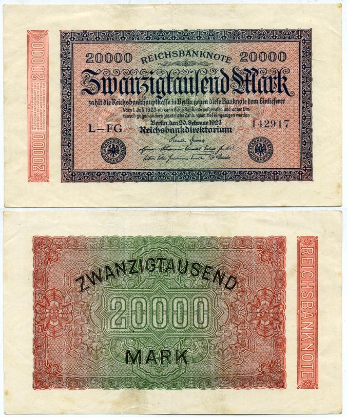 ГЕРМАНИЯ 20000 МАРОК 1923 20 ФЕВРАЛЯ 1923, ВОДЯНОЙ ЗНАК F Pick 85e бумага 3295-50-3