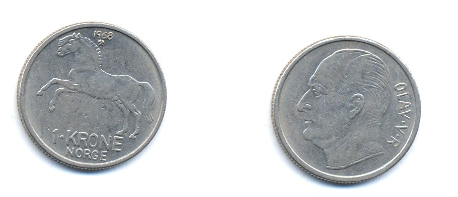 НОРВЕГИЯ 1 КРОНА 1968 KM 409 медно-никель 4379-223