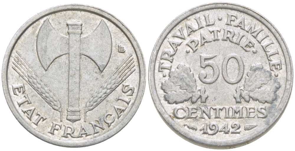 ФРАНЦИЯ 50 САНТИМОВ 1942 ТИП FRANCISQUE, LOURDE, ПРАВИТЕЛЬСТВО ВИШИ KM 914.1, LE FRANC 195.2 алюминий 201-859