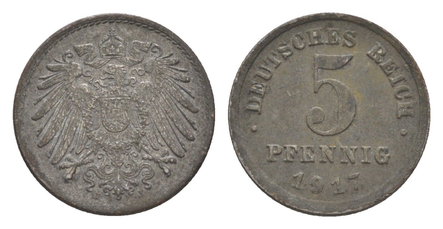 Германия 5 пфеннигов 1917 J, Вильгельм II (1888-1918) KM 19, J. 297, Weege 5 железо плакированное цинком 4640-161