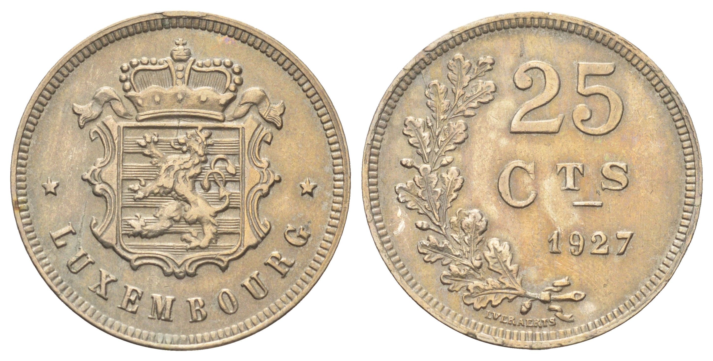 Люксембург 25 сантимов 1927 год-тип, Шарлотта (1918-1964) KM 37 медно-никель 4646-1224