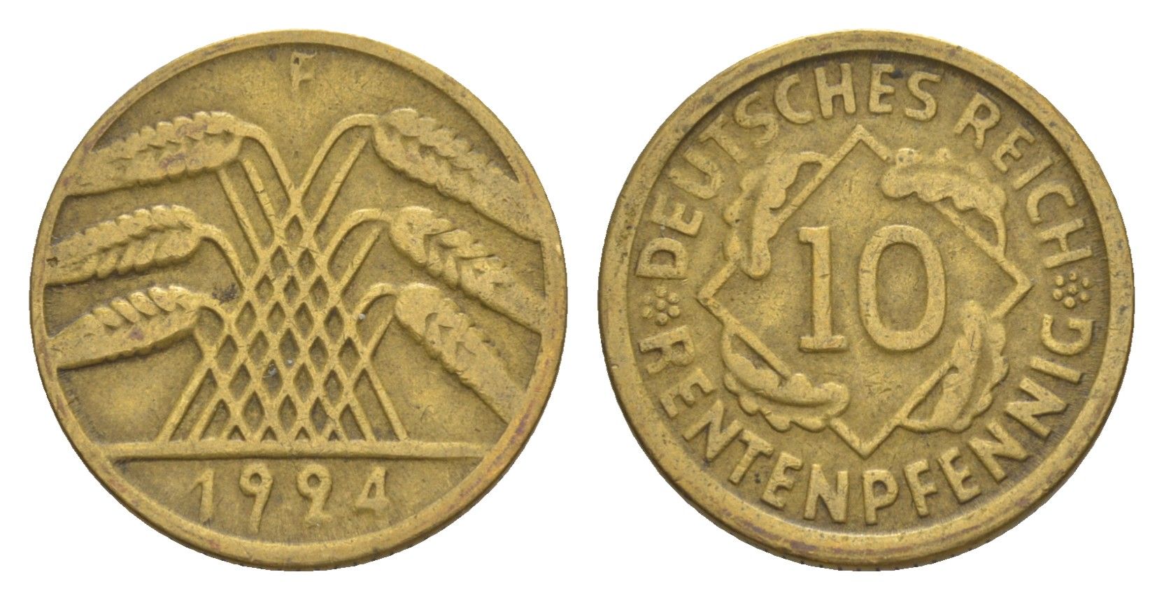Германия 10 рентенпфеннигов 1924 F KM 33, J. 309 алюминиевая бронза 4640-348