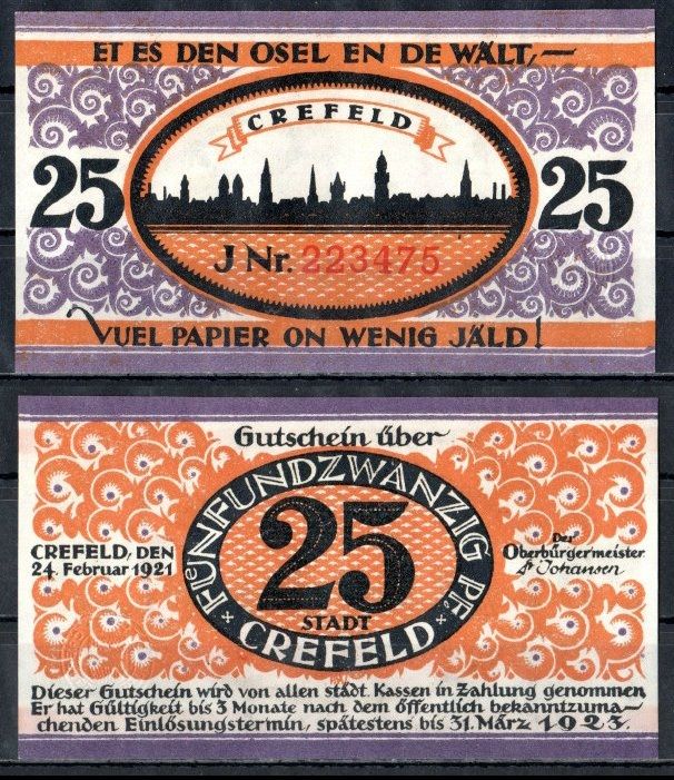 Крефельд (Пруссия, Рейн) 25 пфеннигов 1921 Mehl Grabowski 246.1a-1/2 бумага UNC (пресс) 7555-57-3-1