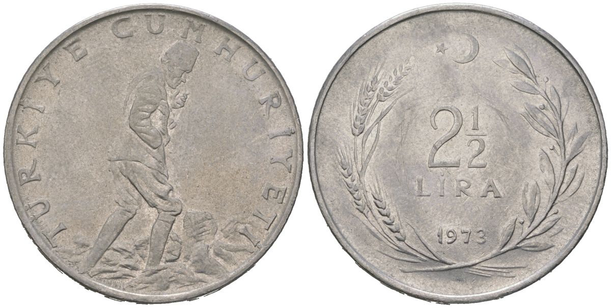 Турция 2 1/2 лиры 1973 KM 893.2 нержавеющая сталь 4599-1133