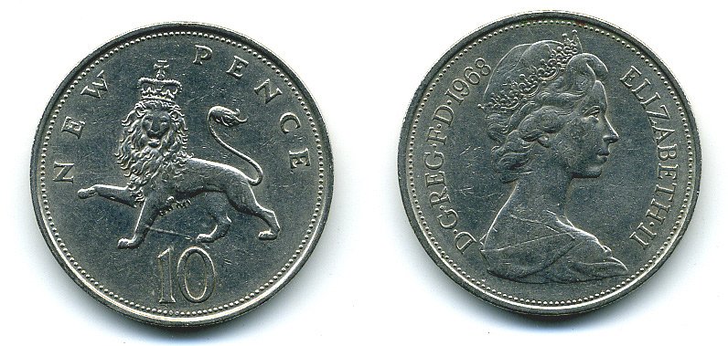 Великобритания 10 пенсов 1968 Елизавета II (1952-2022) KM 912, Spink 4231 (F1) медно-никель  4110-1135
