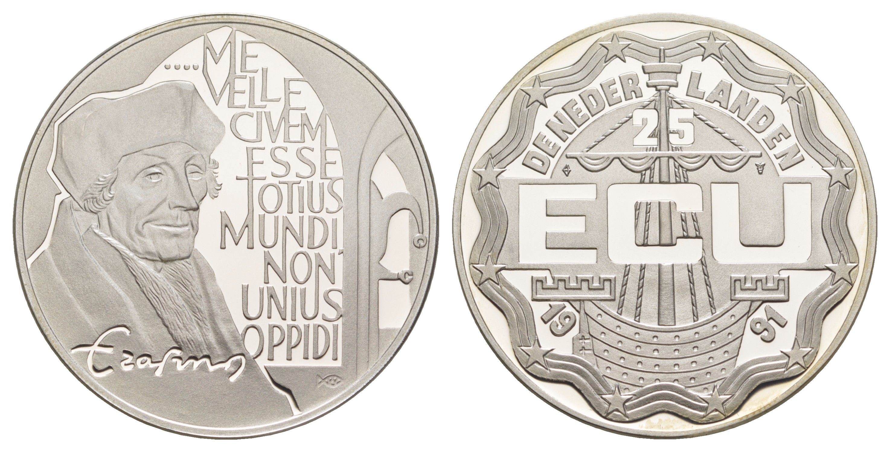 Нидерланды 25 экю 1991 Эразм Роттердамский X 45 серебро PROOF 1083-4-12