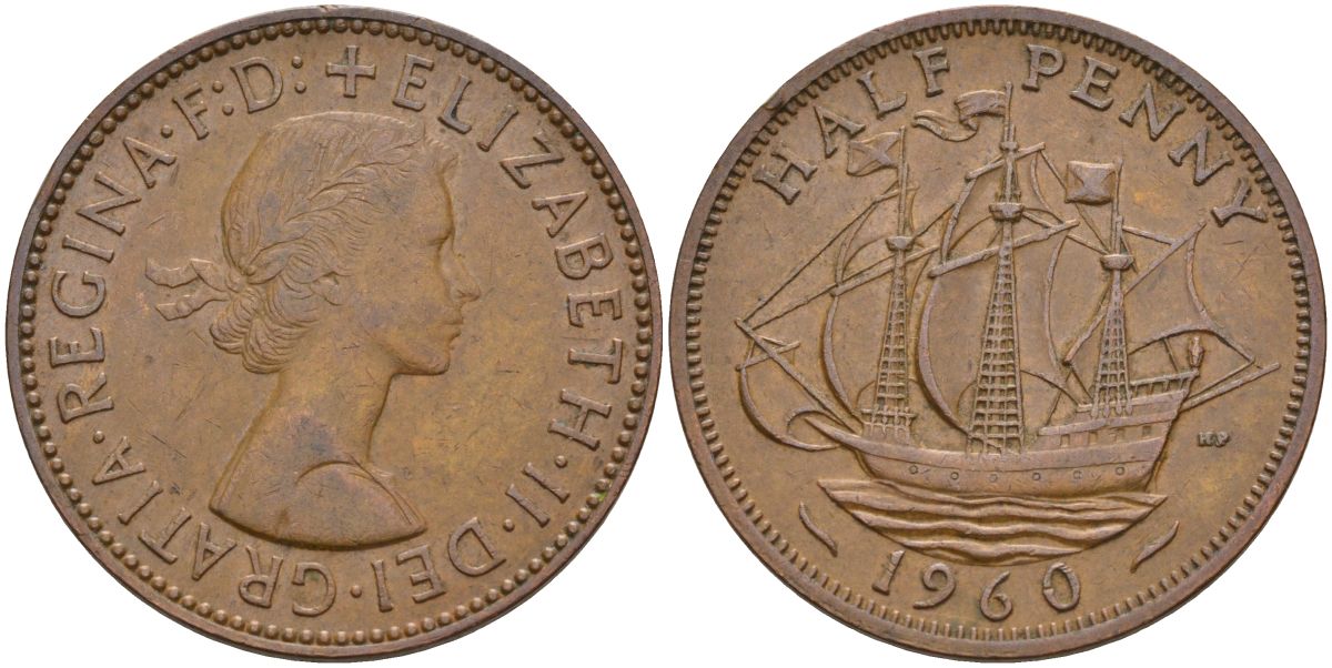 Великобритания 1/2 пенни 1960 Елизавета II (1952-2022) KM 896, Spink 4158 бронза 4153-842