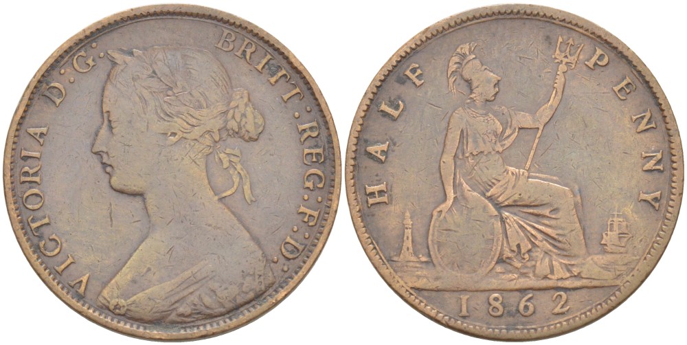 Великобритания 1/2 пенни 1862 Виктория (1837-1901) KM 748.2, Spink 3956 бронза 4543-1144