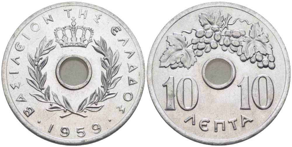 ГРЕЦИЯ 10 ЛЕПТА 1959 ПАВЕЛ I (1947-1964), ВИНОГРАДНАЯ ГРОЗДЬ KM 78 алюминий UNC 29-524