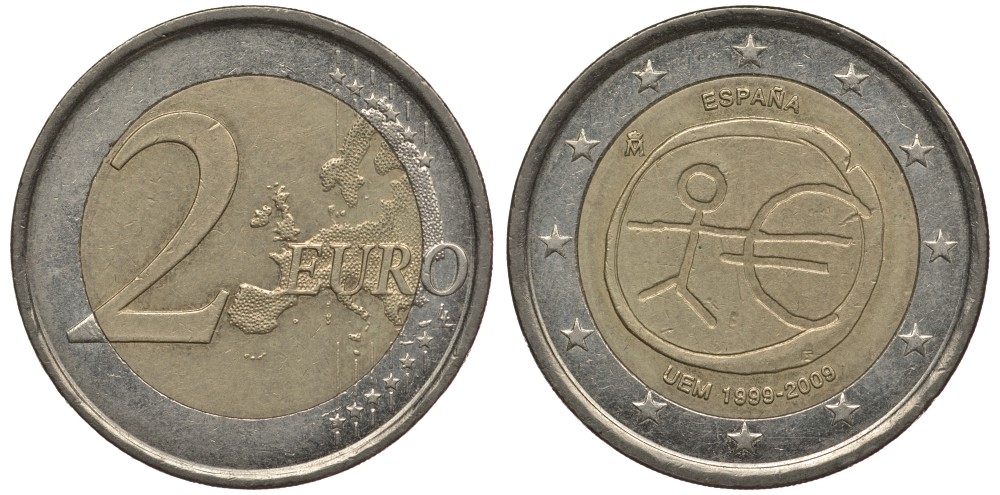 Испания 2 евро 2009 10 лет монетарной политики ЕС (EMU) и введения евро KM 1142 биметалл 4388-1112