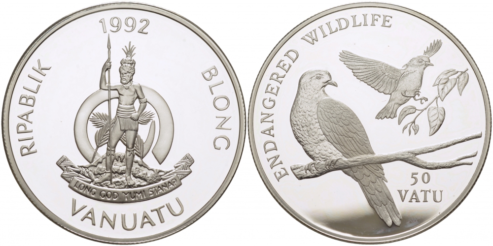 Вануату 50 вату 1992 серия охрана окружающей среды, птицы на ветке KM 13 серебро PROOF 1077-10-24