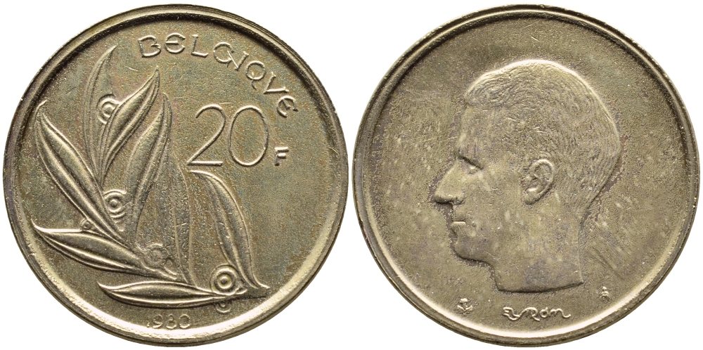 Бельгия 20 франков 1980 Belgique, Бодуэн I (1951-1993) KM 159 никель бронза 75-234