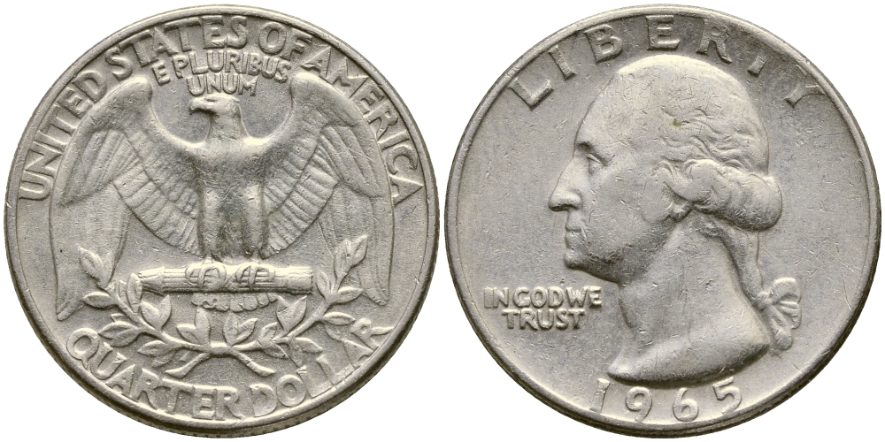 США 25 центов (квотер) 1965 Вашингтон KM 164а медь плакированная медно-никелем 4388-423