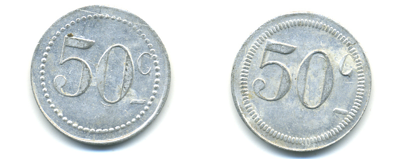 ФРАНЦИЯ 50 САНТИМОВ НАЧАЛО XX ВЕКА d 24 мм, вес около 1,0 гр., платежный жетон алюминий 89-751