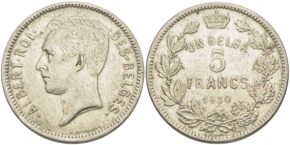 БЕЛЬГИЯ 5 ФРАНКОВ 1930 АЛЬБЕРТ I, DES BELGES KM 97.1 никель 3851-116
