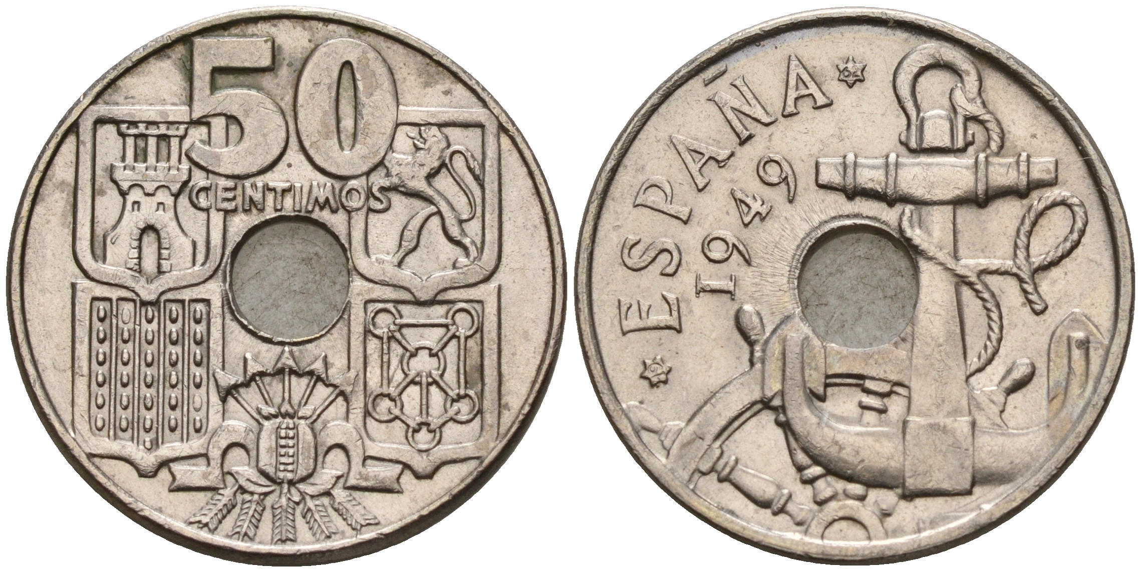 Испания 50 сентимо 1949 (62) Франсиско Франко (1939-1975), морская атрибутика KM 777  медно-никель    4153-152