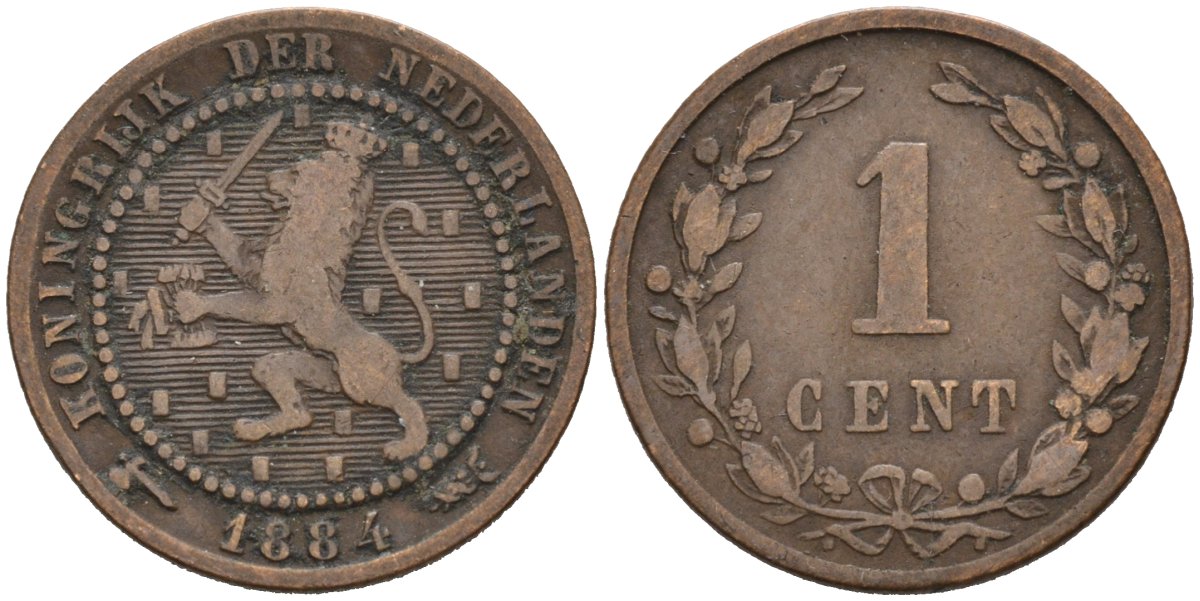 Нидерланды 1 цент 1884 Виллем III (1849-1890) KM 107 бронза 4576-615