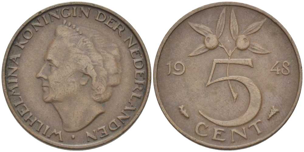 НИДЕРЛАНДЫ 5 ЦЕНТОВ 1948 ВИЛЬГЕЛЬМИНА (1890-1948) KM 176 бронза 212-1025
