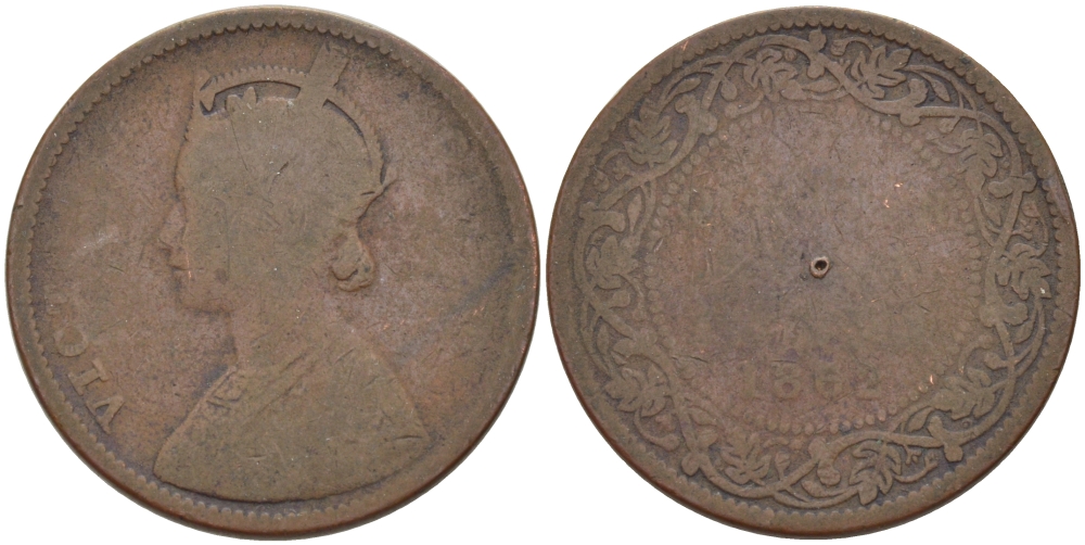 Британская Индия 1/4 анна 1862 Виктория (1837-1901) KM 467 медь 31-1023