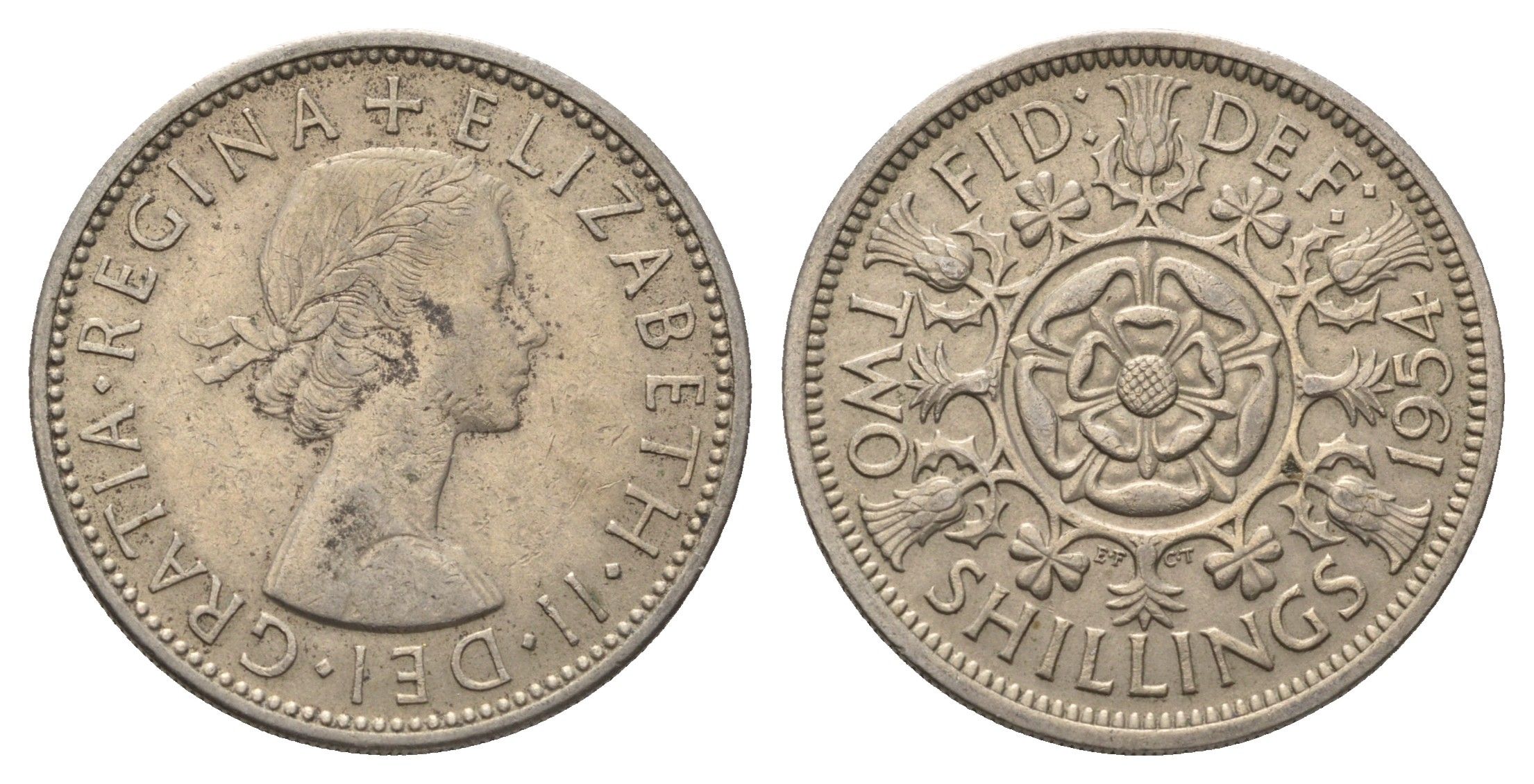 Великобритания 2 шиллинга (флорин) 1954 Елизавета II (1952-2022) KM 906, Spink 4146 медно-никель 4692-342