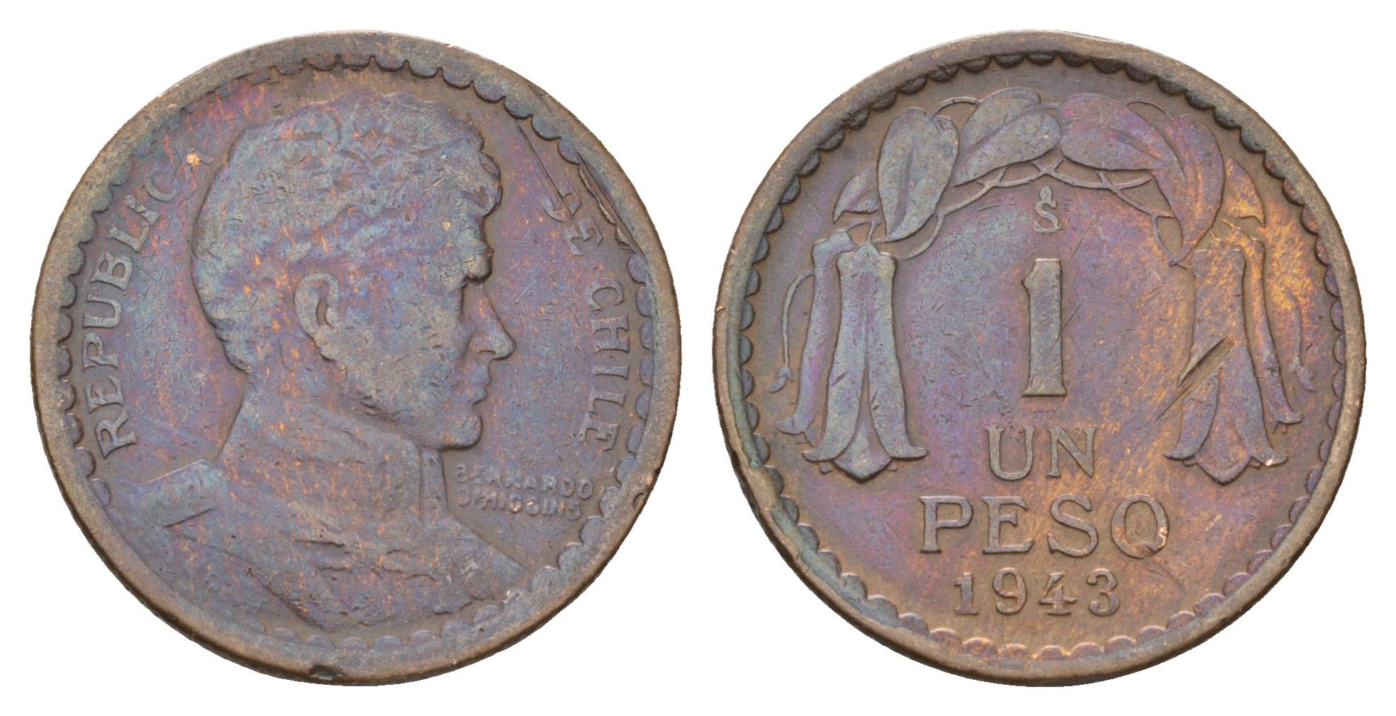 Чили 1 песо 1943 KM 179 медь 4138-1235