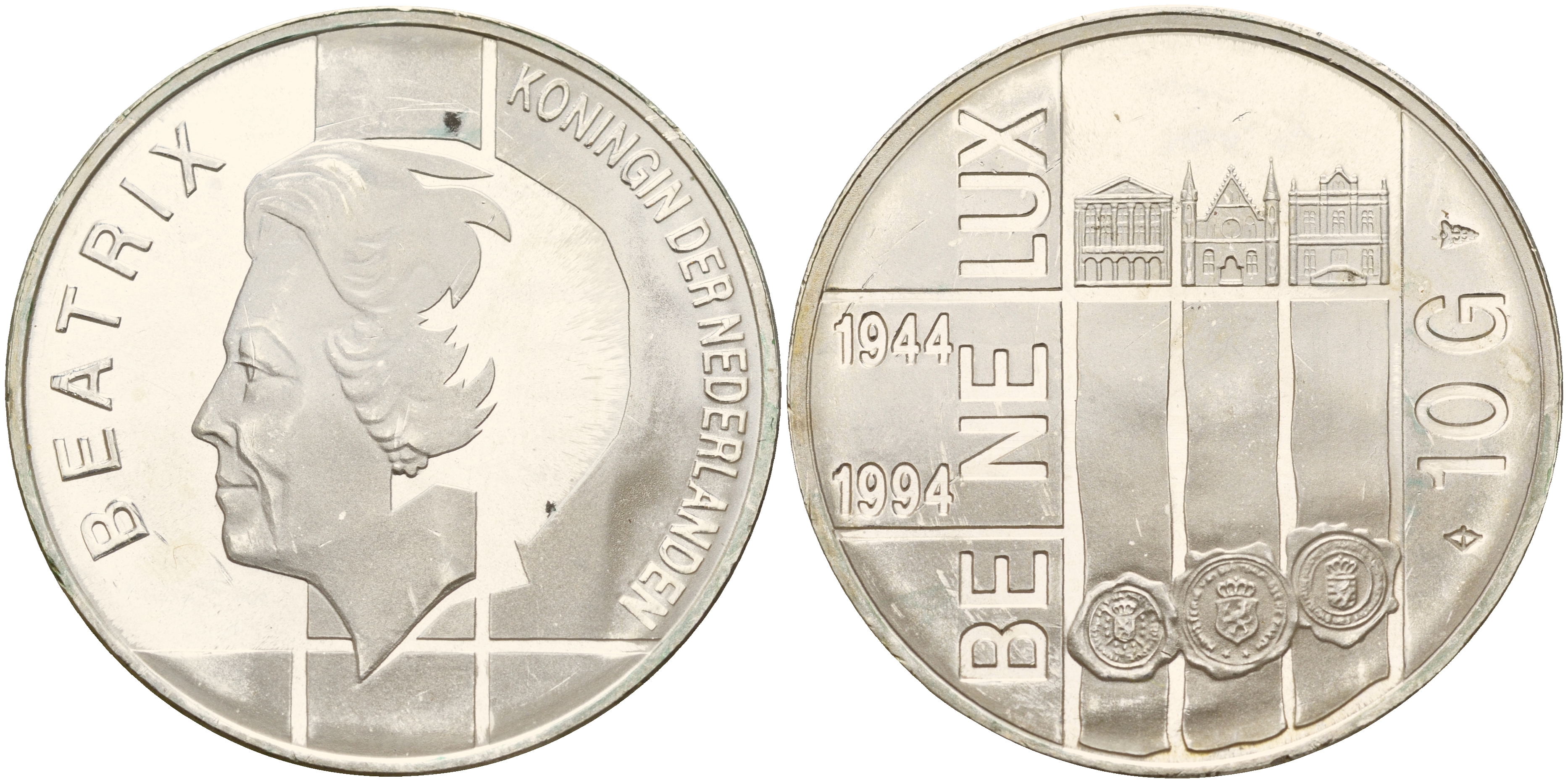 Нидерланды 10 гульденов 1994 50 лет Бе-Ни-Люкс, три здания парламентов KM 216 серебро 1517-111
