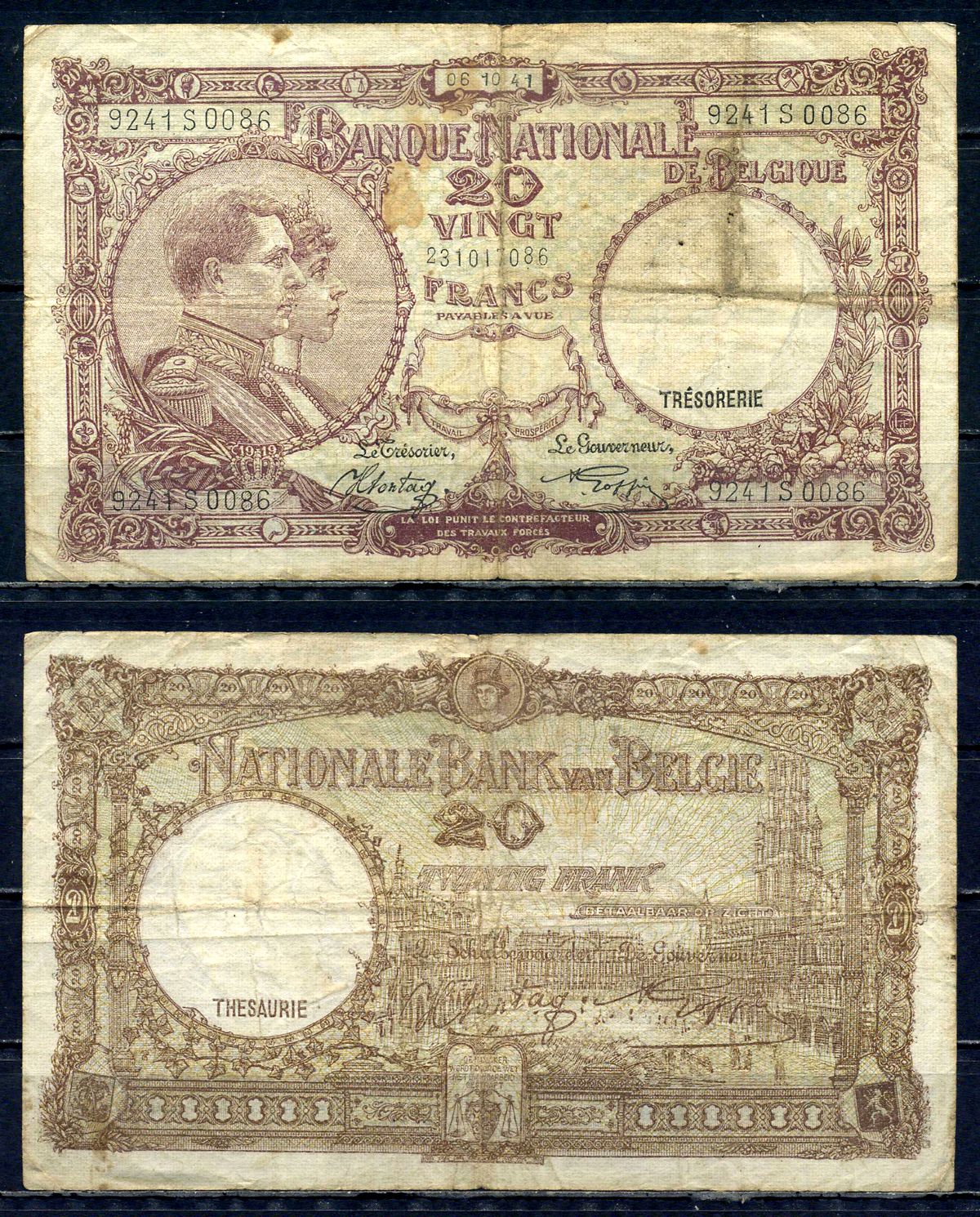 Бельгия 20 франков 1941 08.10.1941, Король Альберт I и его жена Королева Елизавета, Гран-Плас / Гроте Маркт, Брюссель Pick 111 (2) бумага 6301-32-3-1