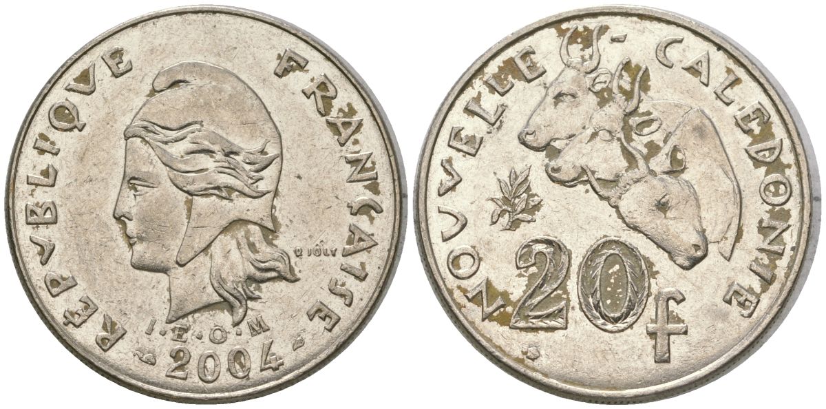 Французская Новая Каледония 20 франков 2004 три быка, (IEOM) KM 12, Schoen 14, Lec 15h никель 4131-731