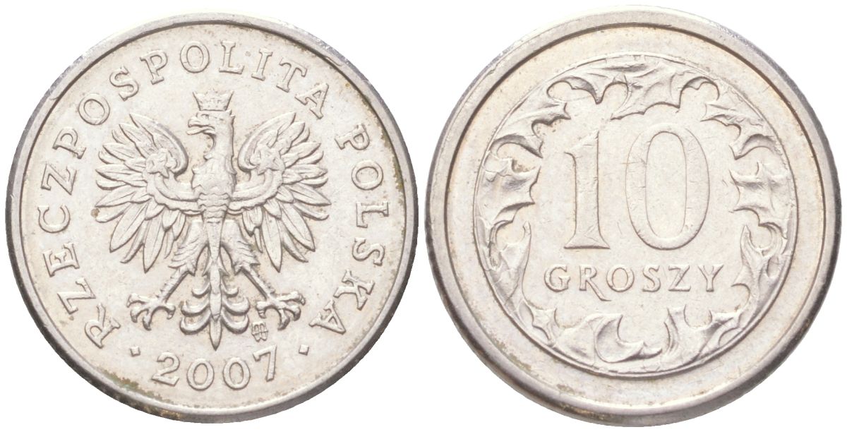 Польша 10 грошей 2007 Y 279 медно-никель UNC 4614-321